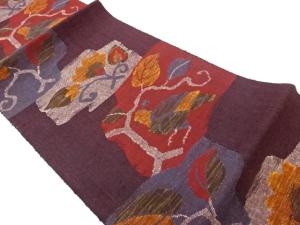 手織り真綿紬花唐草・鳥模様織出し名古屋帯